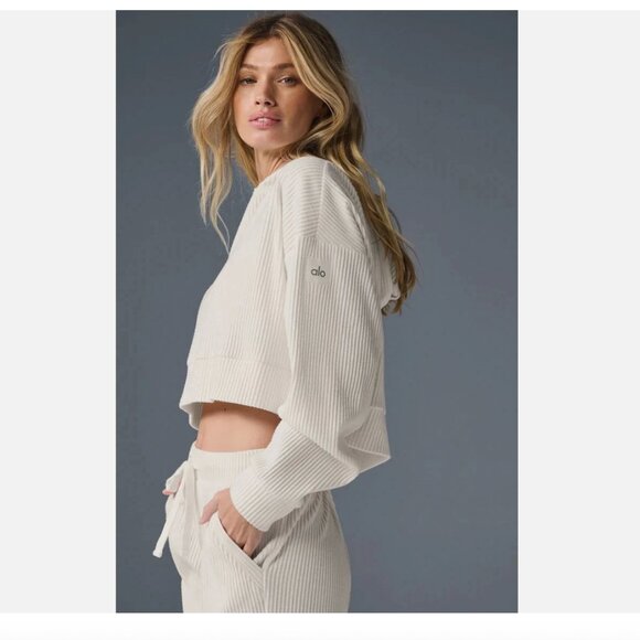Alo Yoga Muse Crop Hoodie Pullover & Pants Ribbed SET Ivory Womens S - Picture 2 of 8